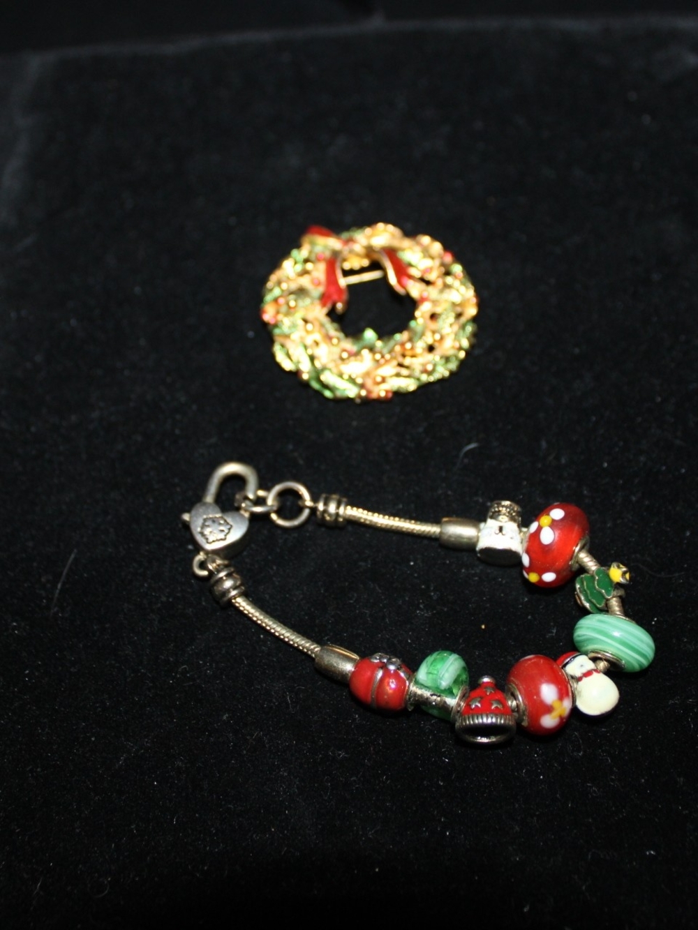 Festive Red and Green Charm Bracelet and Wreath Pin Set